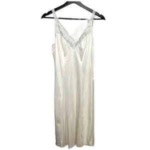 Vintage 90s Off White Lace Trim Nylon Blend Knee Length Slip Medium